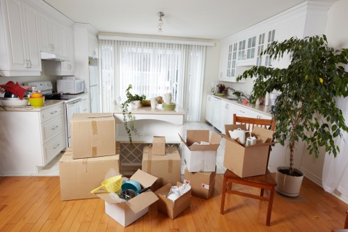 Packed boxes and furniture prepared for a home move