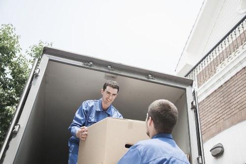 Moving van outside a central London residential block near Barbican